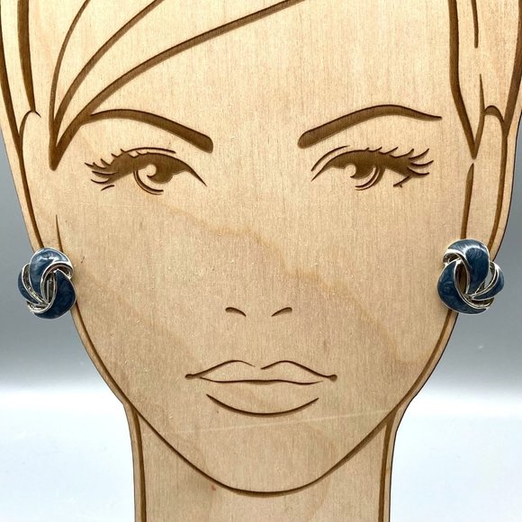 Vintage Abstract Blue Enamel Earrings, Silver Tone Clip Ons - Picture 1 of 5